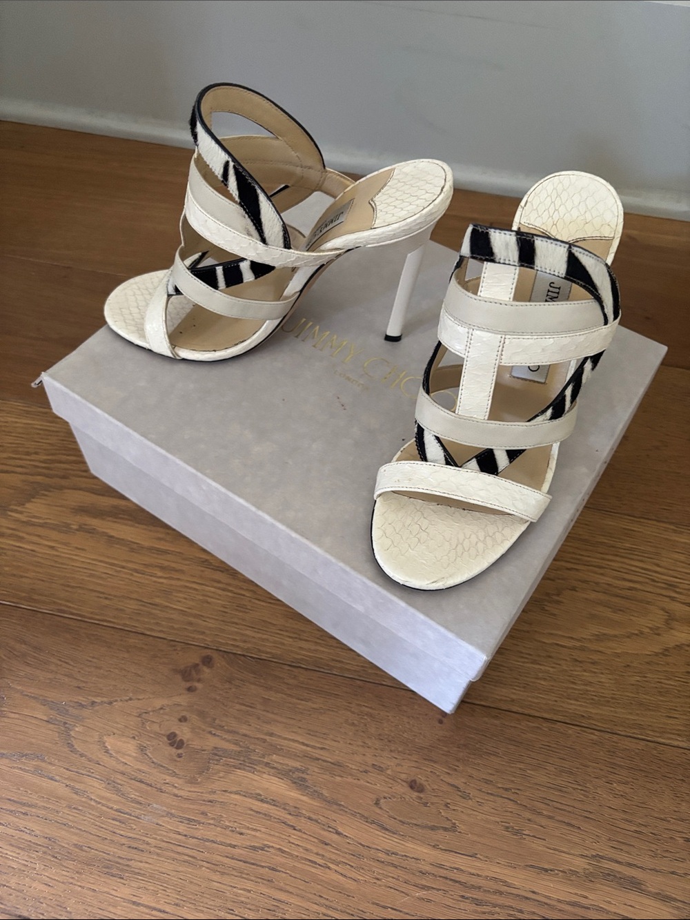Jimmy Choo Cream and Black Strappy Stiletto Sandals